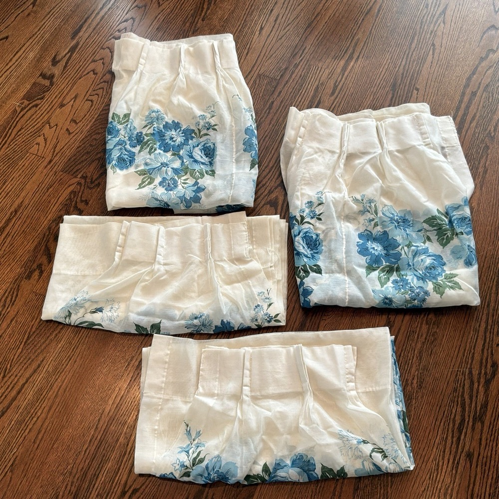 Set of 4 VTG 70s Blue Boho Floral Curtain Panels 82" Cottagecore Grandma READ